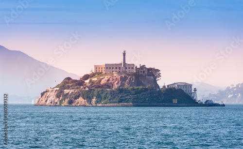 Alcatraz prison penitentiary The Rock from the bay at sunset