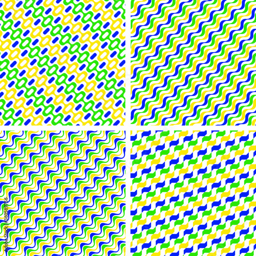 Colorful Brazilian wave street pattern vector in green, blue and yellow on white background - São Paulo and Rio De Janeiro beach promenade, Brazil