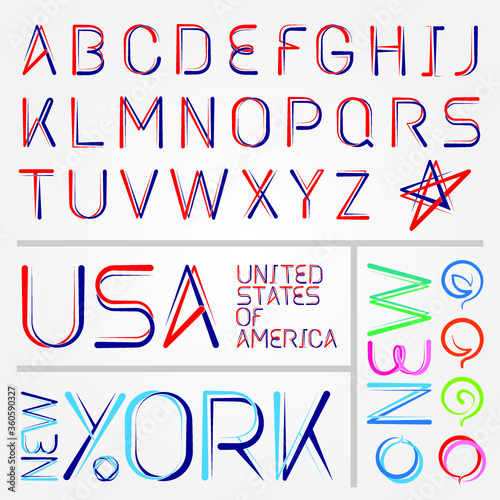 Custom handmade vector line font design in the colors of the American flag, blue and red, with dimensional overlaps and pointy endings. 