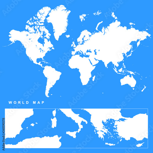 very detailed vector world map in white on blue background for large applications 