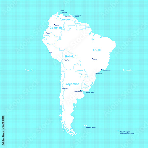 Isometric South America Map on a grid with country borders, country names and metropolitan areas, capitals in white on blue background. Great use for financial, political content.