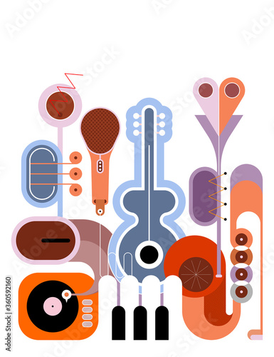 Flat style colored design isolated on a white background Music Instruments vector illustration. Art composition of guitar, saxophone, piano keyboard, trumpet, microphone and gramophone.