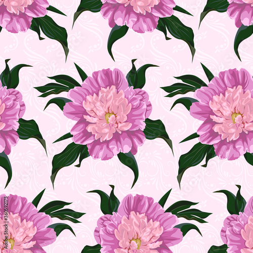 Pink peonies flowers seamless pattern.