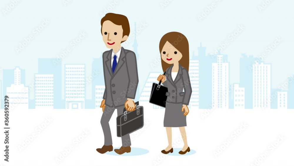 Cartoon employee couple walking Animation, parallax cityscape background Cartoon employee couple walking Animation, parallax cityscape background