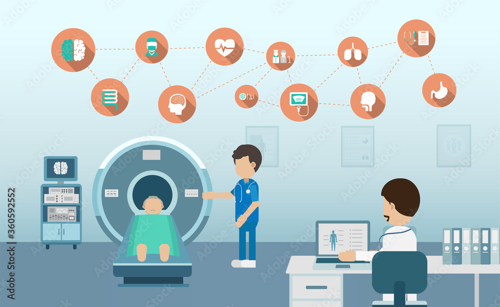 Medical service with doctor and patient in mri scanner flat  design vector illustration