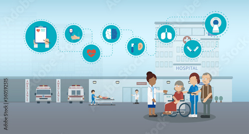 Elder care concept with medical staffs take care of elder patient vector illustration