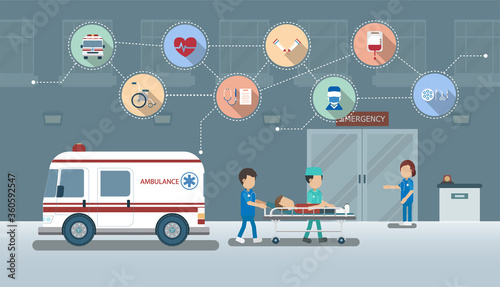 Emergency service concept with doctor and injured patient in bed flat design vector illustration