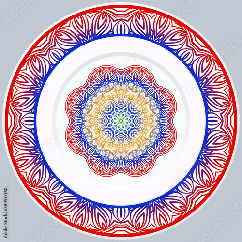 decorative plates for interior design. Empty dish, porcelain plate mock up design. Vector illustration. Decorative plates with Mandala ornament patterns. Home decor background