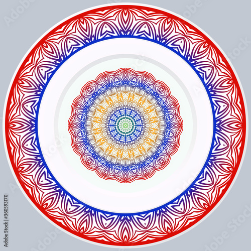 decorative plates for interior design. Empty dish, porcelain plate mock up design. Vector illustration. Decorative plates with Mandala ornament patterns. Home decor background