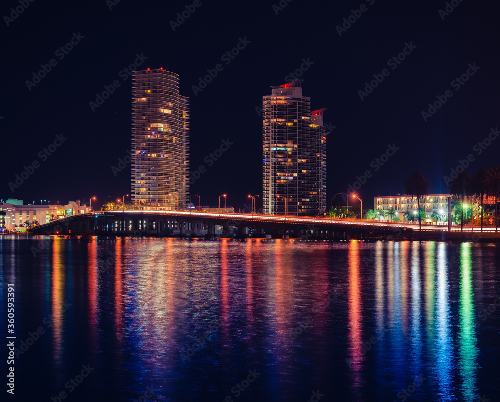 Miami Beach city skyline at night buildings Apartament reflection panorama bridge Miami Beach city skyline at night buildings Apartament reflection panorama bridge