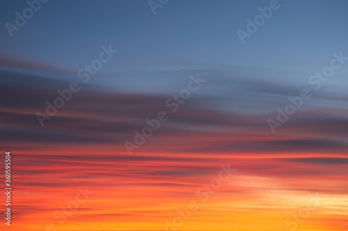 Fototapeta Naklejka Na Ścianę i Meble -  Intense, radiant orange cirrus clouds at dawn against a deep blue sky.