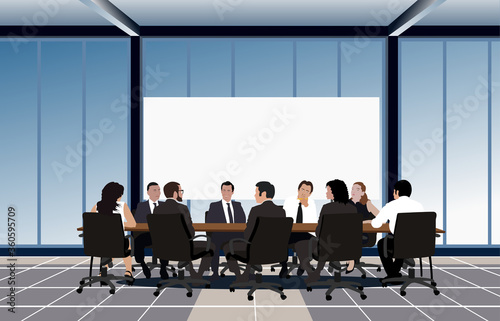 Politicians or corporate officers group authority people talks sitting at round table. Big war room. Negotiations conversation conference hall, boardroom or meeting room. Flat vector