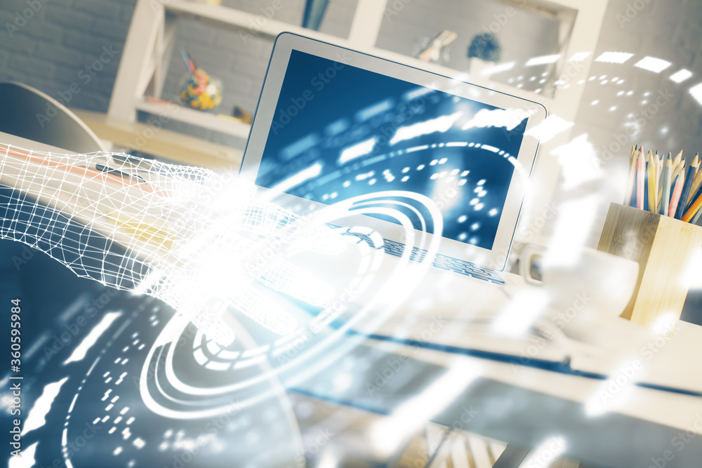 Double exposure of desktop with personal computer on background and tech theme drawing. Concept of Bigdata. Double exposure of desktop with personal computer on background and tech theme drawing. Concept of Bigdata.