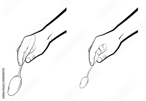 mans hand holds a large and small spoon. Realistic gestures, cooking and drinks. Isolated vector on white background