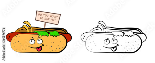 insidious angry hot dog in cartoon style with a sign DO YOU WANT TO EAT ME. The harm of fast food and convenience foods. Vector on a white background