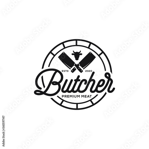 Vintage Retro Butcher shop label logo design	