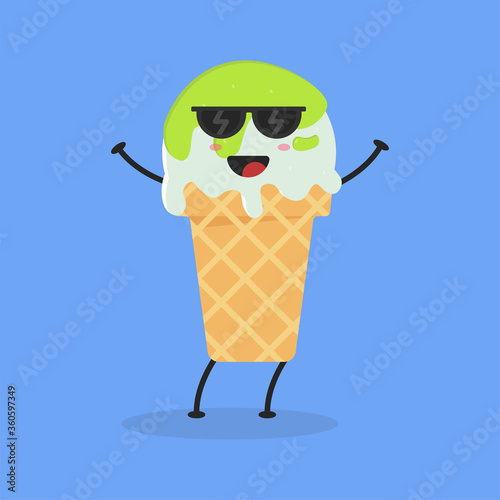 Cute Flat Cartoon Green Tea Ice Cream Illustration. Vector illustration of cute ice cream with a smiling expression. Cute green tea ice cream mascot design