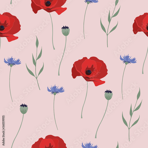 Vector seamless pattern with red poppies and blue cornflowers