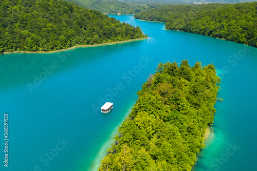 Aerial view of the Kozjak lake with the boat, Plitvice Lakes National Park, Croatia