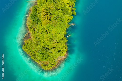 Aerial view of a small island in Kozjak lake on the Plitvice Lakes National Park, Croatia