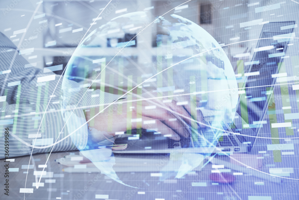 Multi exposure of businessman working on laptop on background. International business hologram in front. Concept of success. Multi exposure of businessman working on laptop on background. International business hologram in front. Concept of success.