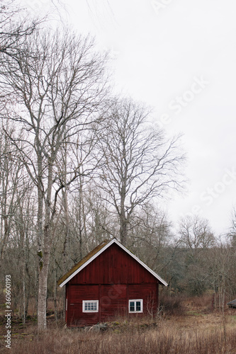 Typical red house, barn, a shack in the Swedish countryside, winter in Sweden © EMRstock