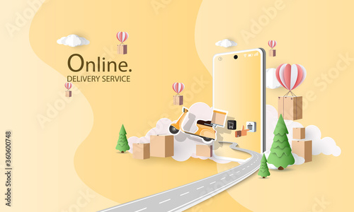 Online delivery service home office Warehouse,cartoon paper art on mobile. Vector illustration.shopping online