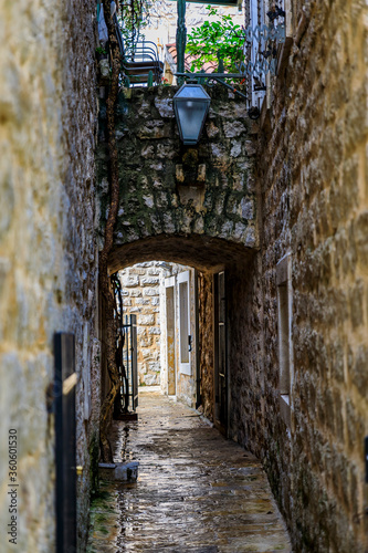 Picturesque narrow streets of the Old town in Budva Montenegro in the Balkans on the Adriatic Sea