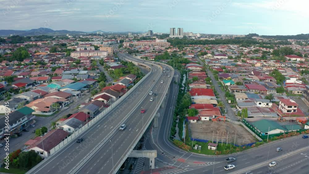4K Aerial Drone Footage Of Car Moving on the City Center of Kota Kinabalu, Sabah, Malaysia