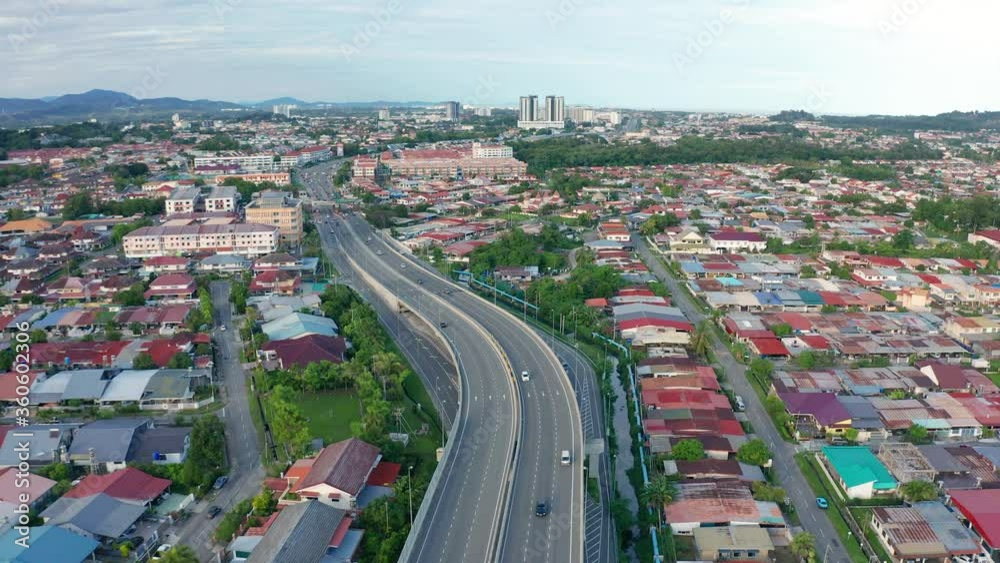 4K Aerial Drone Footage Of Car Moving on the City Center of Kota Kinabalu, Sabah, Malaysia