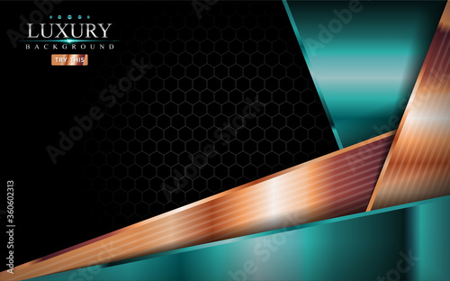 Luxury background with shinny tale green and golden lines shape design.