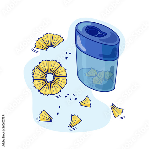 Vector illustration with a sharpener and pencil shavings. Objects are isolated. For your design.