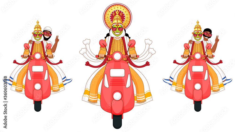 Fototapeta premium Illustration of Kathakali Dancer, South Indian Man and Muslim Man Riding on Scooter in Three Option.