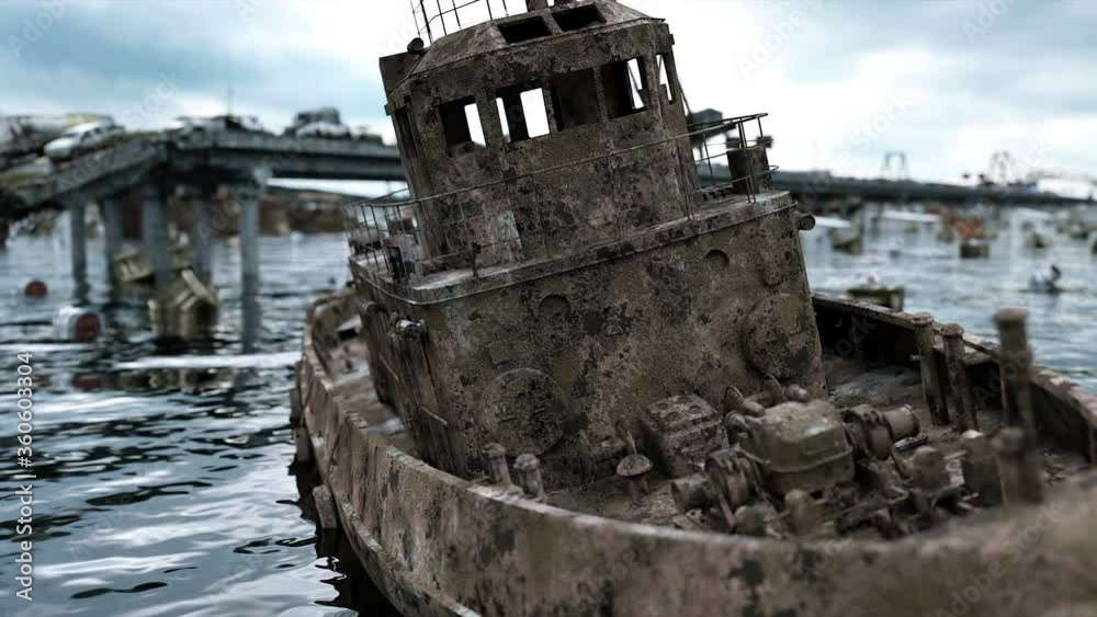 Apocalypse sea view. Destroyed bridge. Armageddon concept. Super realistic 4K animation. Apocalypse sea view. Destroyed bridge. Armageddon concept. Super realistic 4K animation.