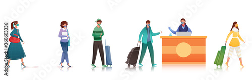 People wearing medical mask and keep distance away at check-in desk queue during coronavirus outbreak.