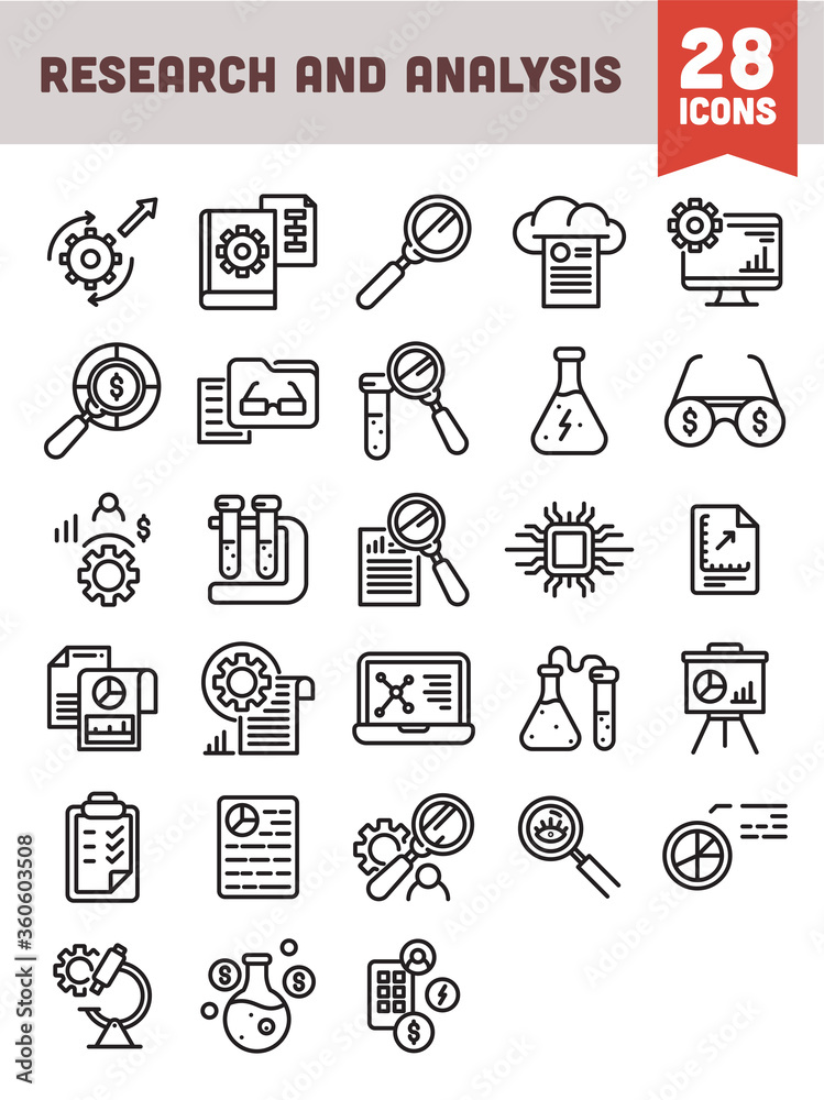 28 Research and Analysis Icon Set in Black Outline. 28 Research and Analysis Icon Set in Black Outline.