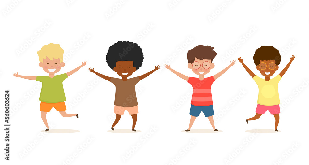 Group of cute happy boys. Smiling funny multiracial school kids boys. Vector illustration isolated on white background. Group of cute happy boys. Smiling funny multiracial school kids boys. Vector illustration isolated on white background.