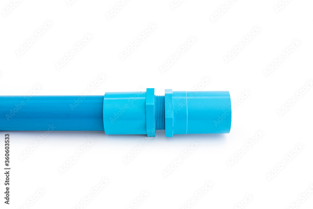 Blue PVC pipe set, separate on a white background, blue plastic water pipe, PVC accessories for plumbing work Plumber equipment Bend and connect the three-way plastic pipe to drain the waste water. Blue PVC pipe set, separate on a white background, blue plastic water pipe, PVC accessories for plumbing work Plumber equipment Bend and connect the three-way plastic pipe to drain the waste water.