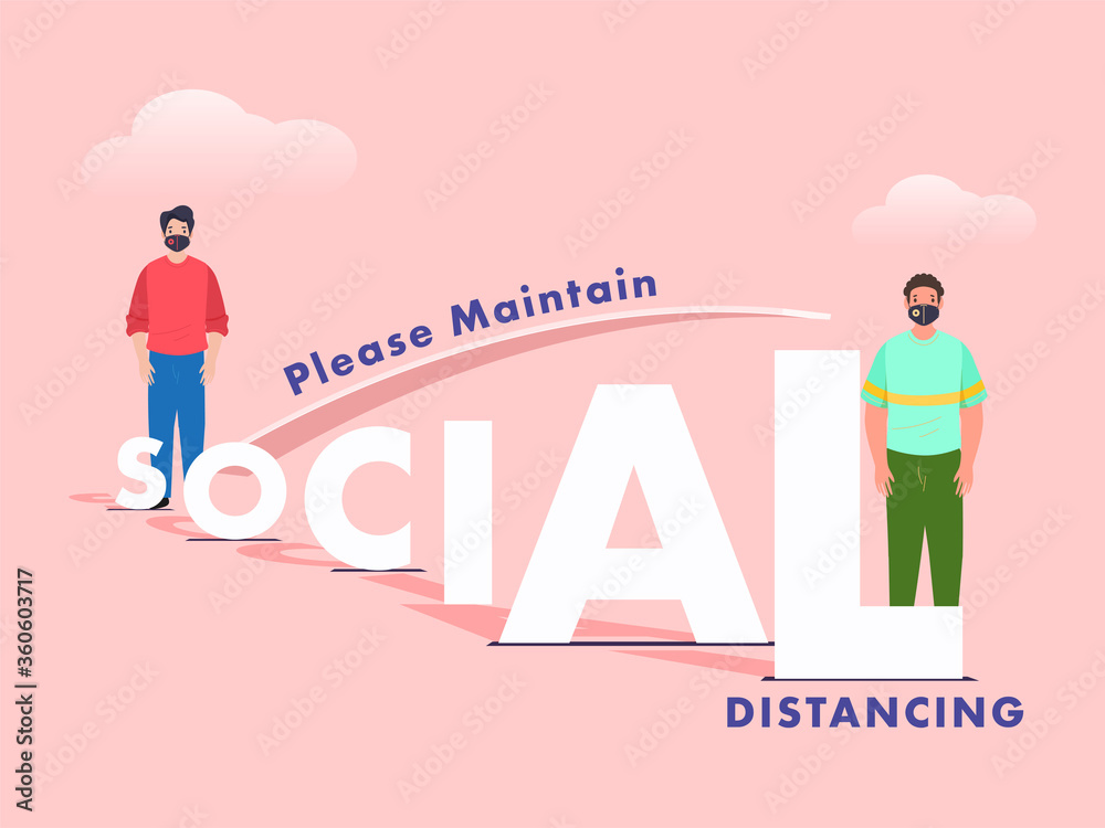 Paper Cut Social Text and Cartoon Man Measuring Distance from Other Person While Using Protective Mask on Light Pink Background. Paper Cut Social Text and Cartoon Man Measuring Distance from Other Person While Using Protective Mask on Light Pink Background.