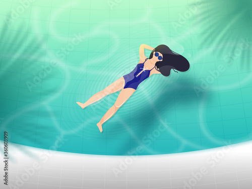 Modern Young Girl Lying Down in Swimming Pool for Enjoying Summertime.