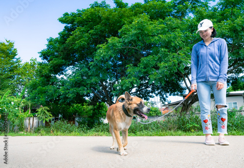 Beautiful woman walking cute dog in nature, Owner and dog walking on street