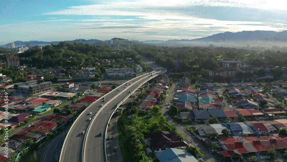 4K Aerial Drone Footage Of Car Moving on the City Center of Kota Kinabalu, Sabah, Malaysia