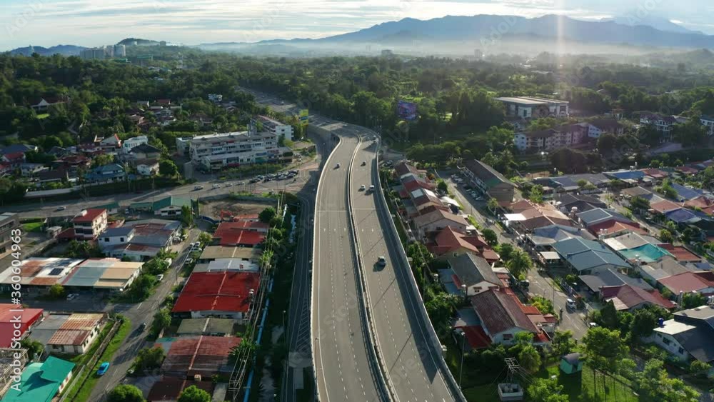 4K Aerial Drone Footage Of Car Moving on the City Center of Kota Kinabalu, Sabah, Malaysia