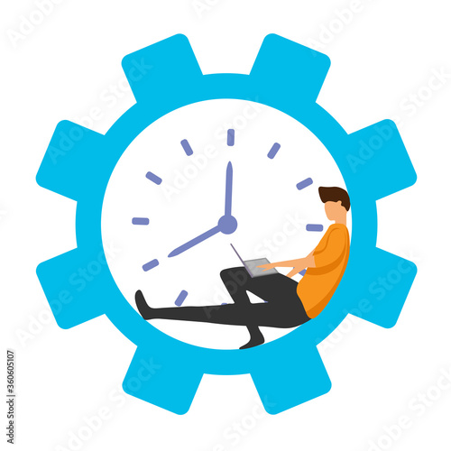 Vector illustration of a young person working at a computer in a network, teamwork, student