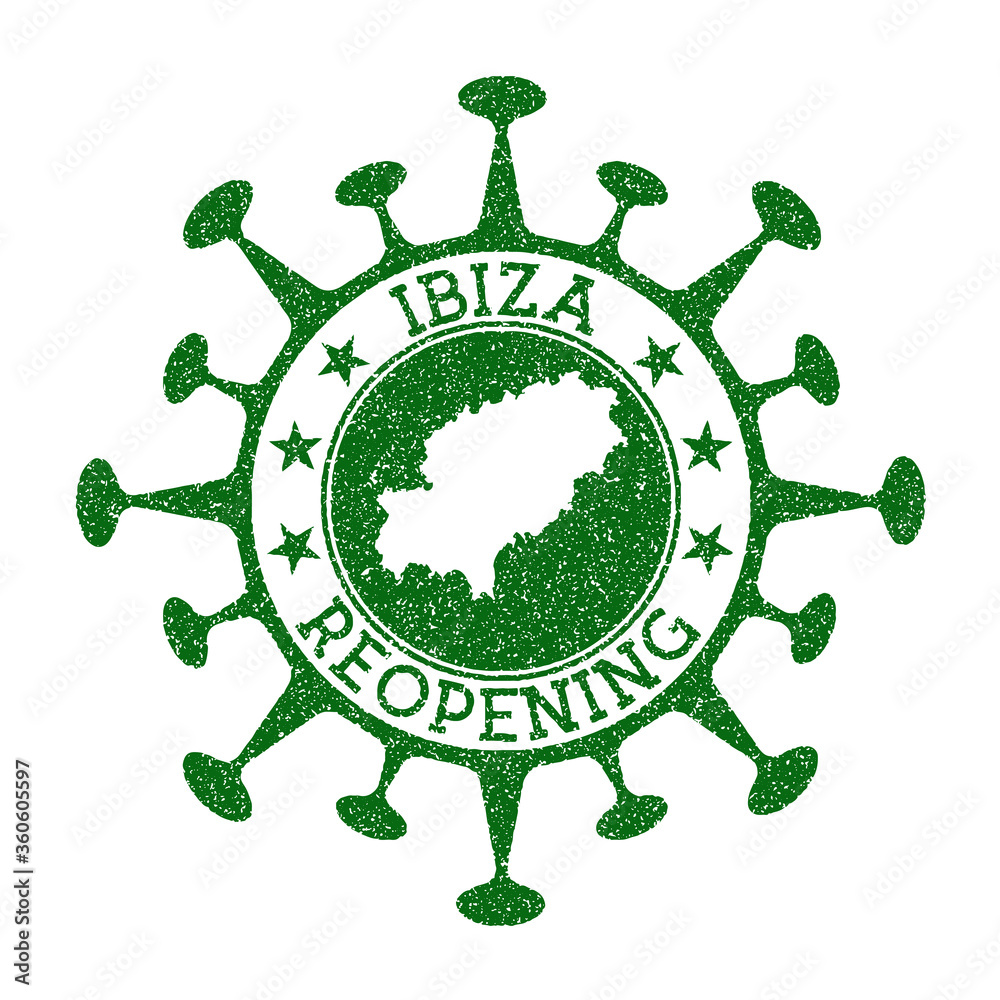 Ibiza Reopening Stamp. Green round badge of island with map of Ibiza. Island opening after lockdown. Vector illustration.