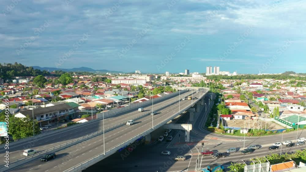 4K Aerial Drone Footage Of Car Moving on the City Center of Kota Kinabalu, Sabah, Malaysia
