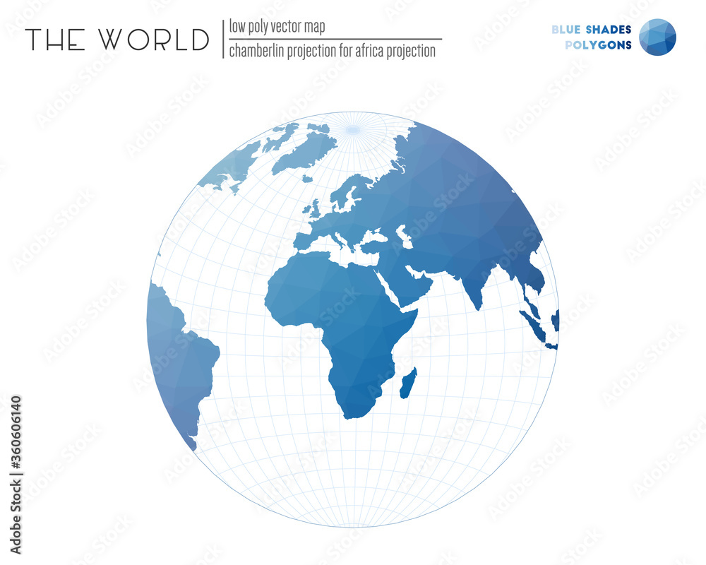 Polygonal map of the world. Chamberlin projection for Africa. Blue shades colored polygons. Neat vector illustration. Polygonal map of the world. Chamberlin projection for Africa. Blue shades colored polygons. Neat vector illustration.
