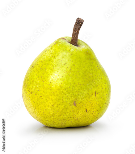Single yellow domestic bio common pear on white background. With clipping path. One organic bossing on white bg. With vector path. Wild pear with stem.