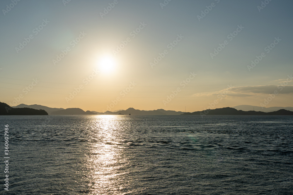 Islands of the Seto Inland Sea in sunset time. Hiroshima Prefecture, Japan