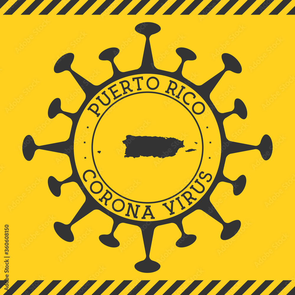 Corona virus in Puerto Rico sign. Round badge with shape of virus and Puerto Rico map. Yellow country epidemy lock down stamp. Vector illustration.